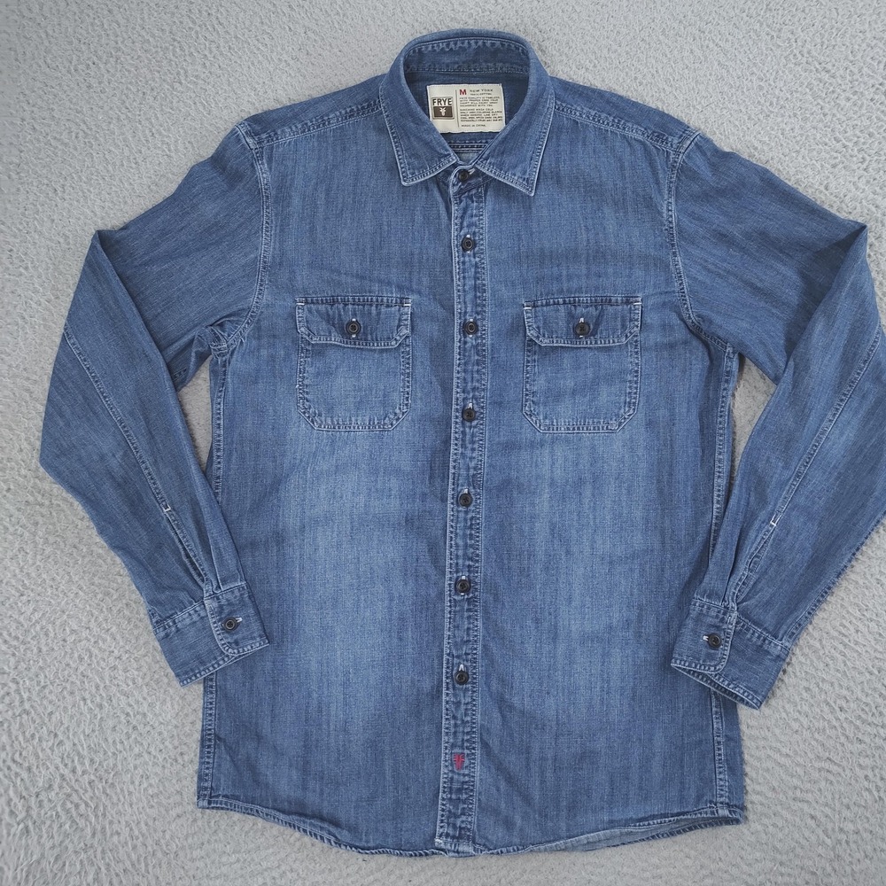 Frye New York Shirt Mens Medium Blue Denim Long Sleeve Button Front Western